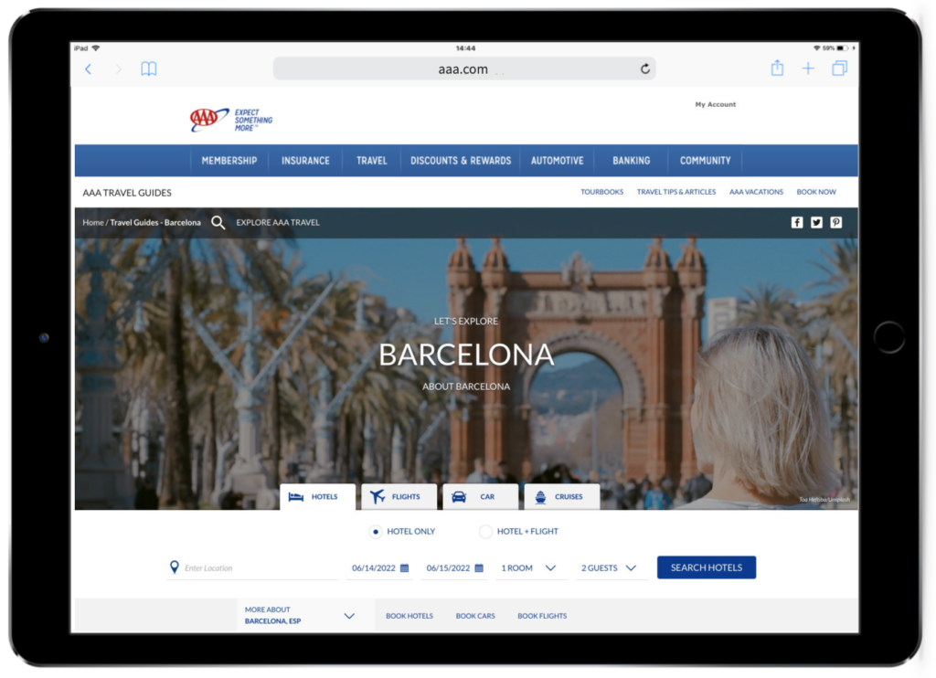 AAA website with Barcelona content on an iPad
